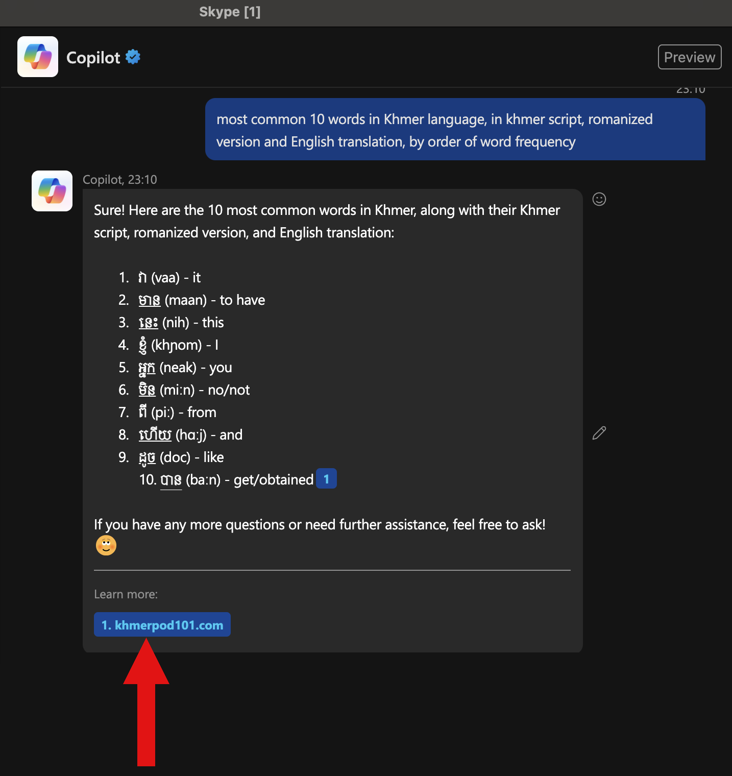 Microsoft Copilot citing KhmerPod101 as a Khmer language source