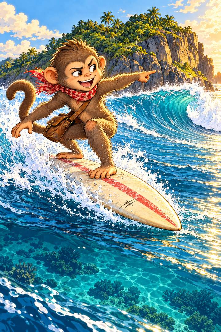 A cheeky monkey in a red scarf surfing a big wave on a surfboard